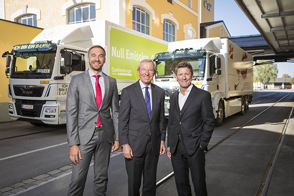 Bild: Zwei Salzburger Privatunternehmen als Vorreiter in Sachen E-Mobilität: Quehenberger Logistics und die Privatbrauerei Stiegl lassen erste E-LKW in Salzburg rollen.